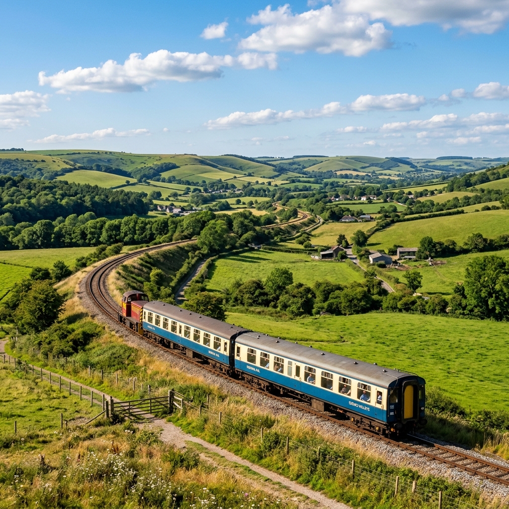 A scenic passenger train winding through beautiful rolling green hills and valleys under a bright sky