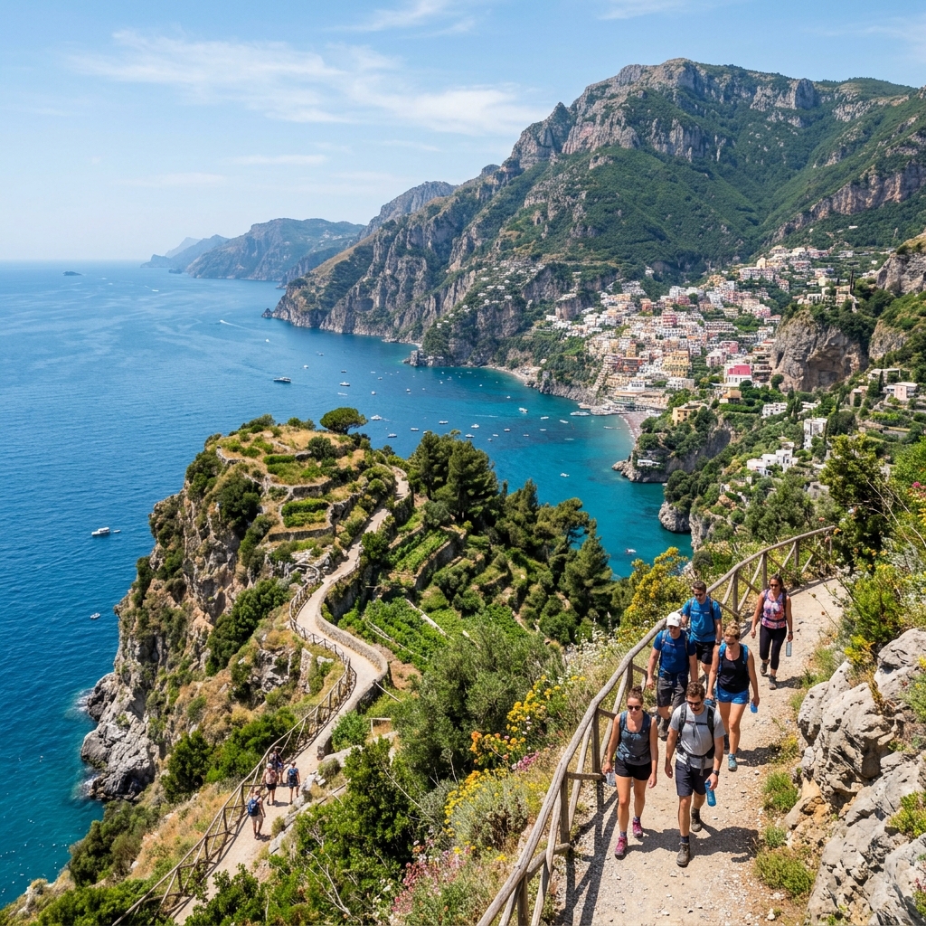 Hikers on the scenic Path of the Gods trail overlooking Positano and the deep blue Mediterranean Sea on the Amalfi Coast
