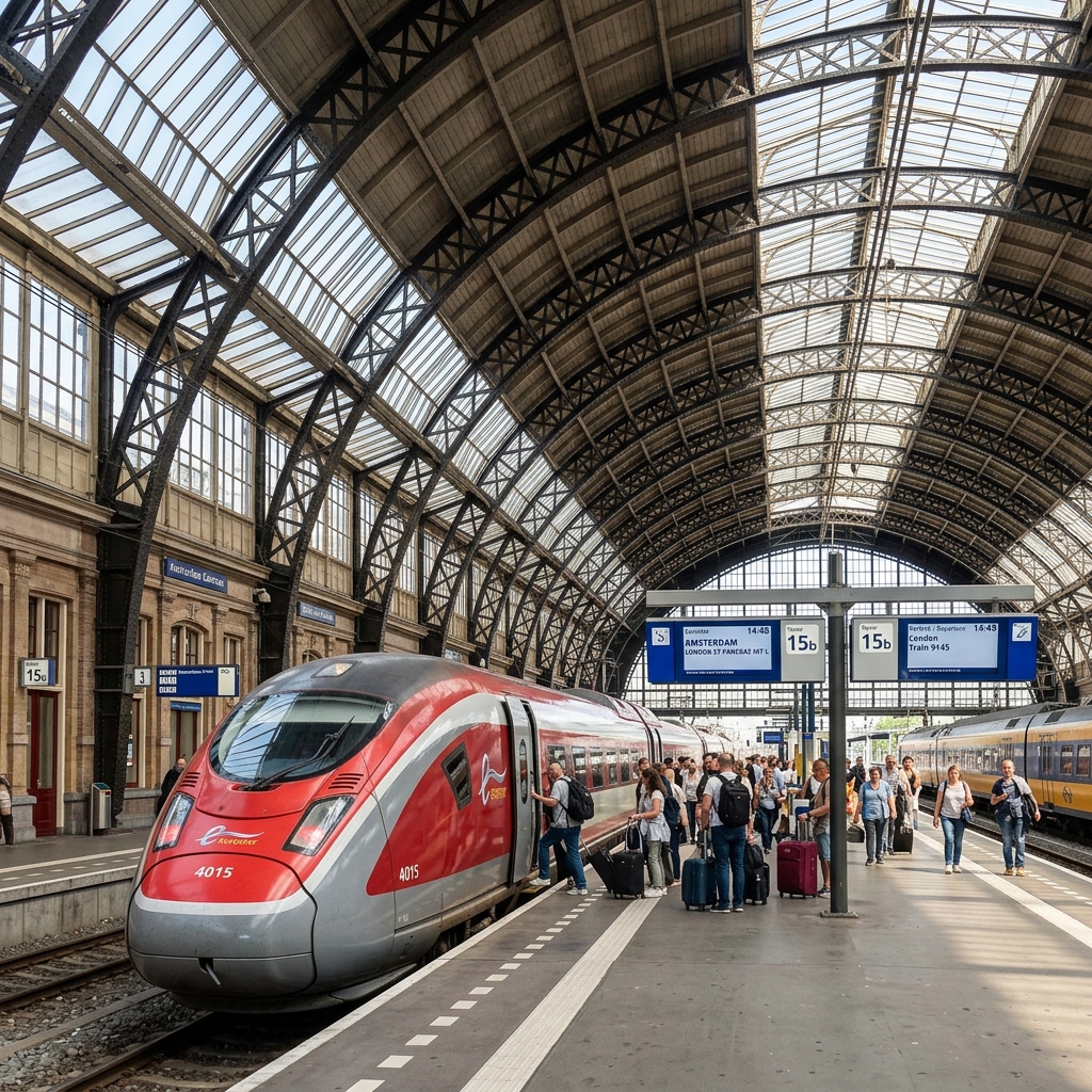 A high-speed Eurostar train at a platform at Amsterdam Centraal station under a grand historic arched roof