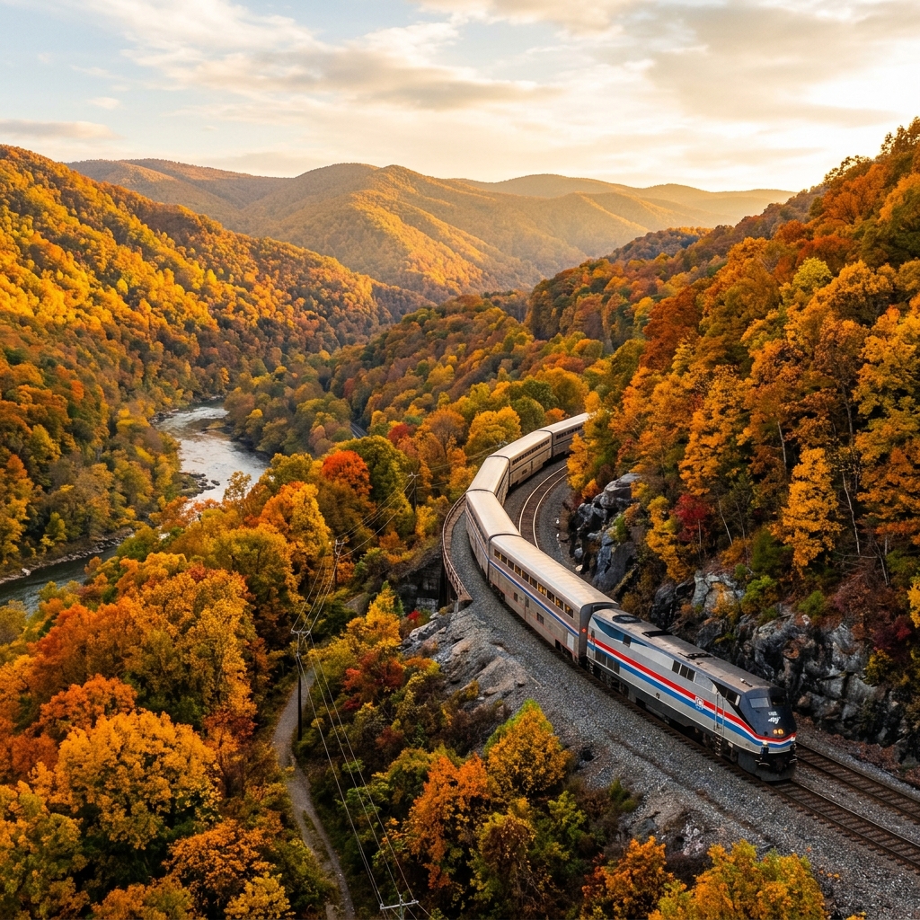 Amtrak train winding through the scenic Appalachian mountains during autumn, orange and yellow foliage
