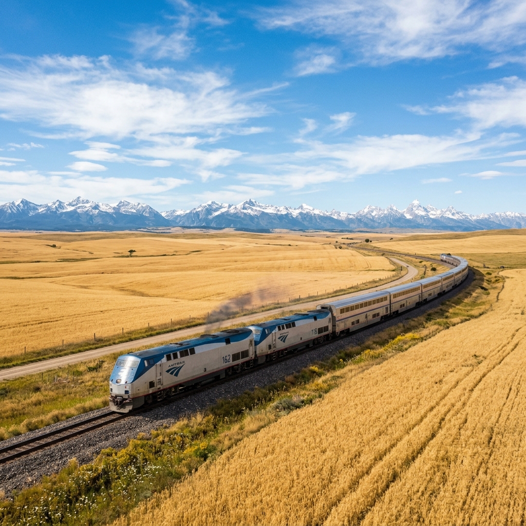 An Amtrak passenger train traveling through the vast golden wheat fields and plains of Montana, snowy Rocky Mountains in the far distance