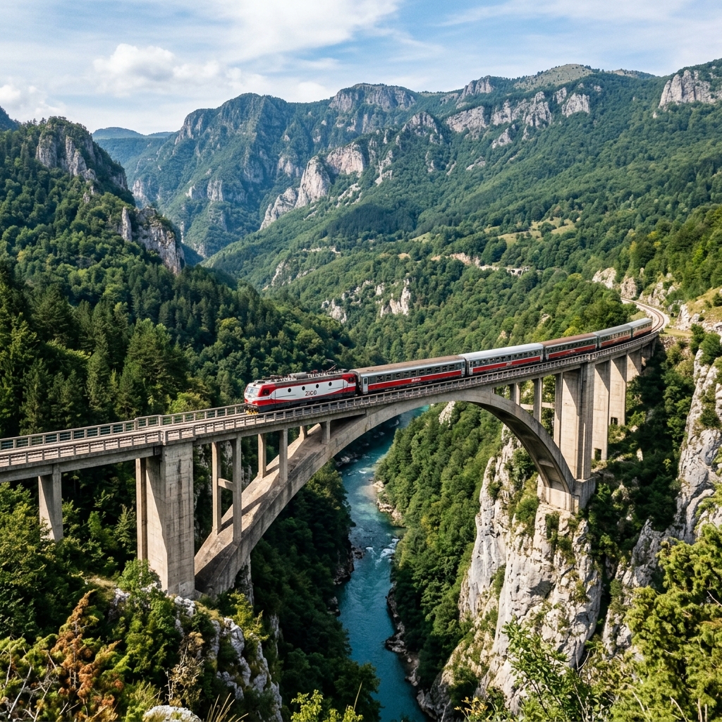 A train crossing a high viaduct through Morača Canyon in Montenegro, surrounded by forested limestone gorges