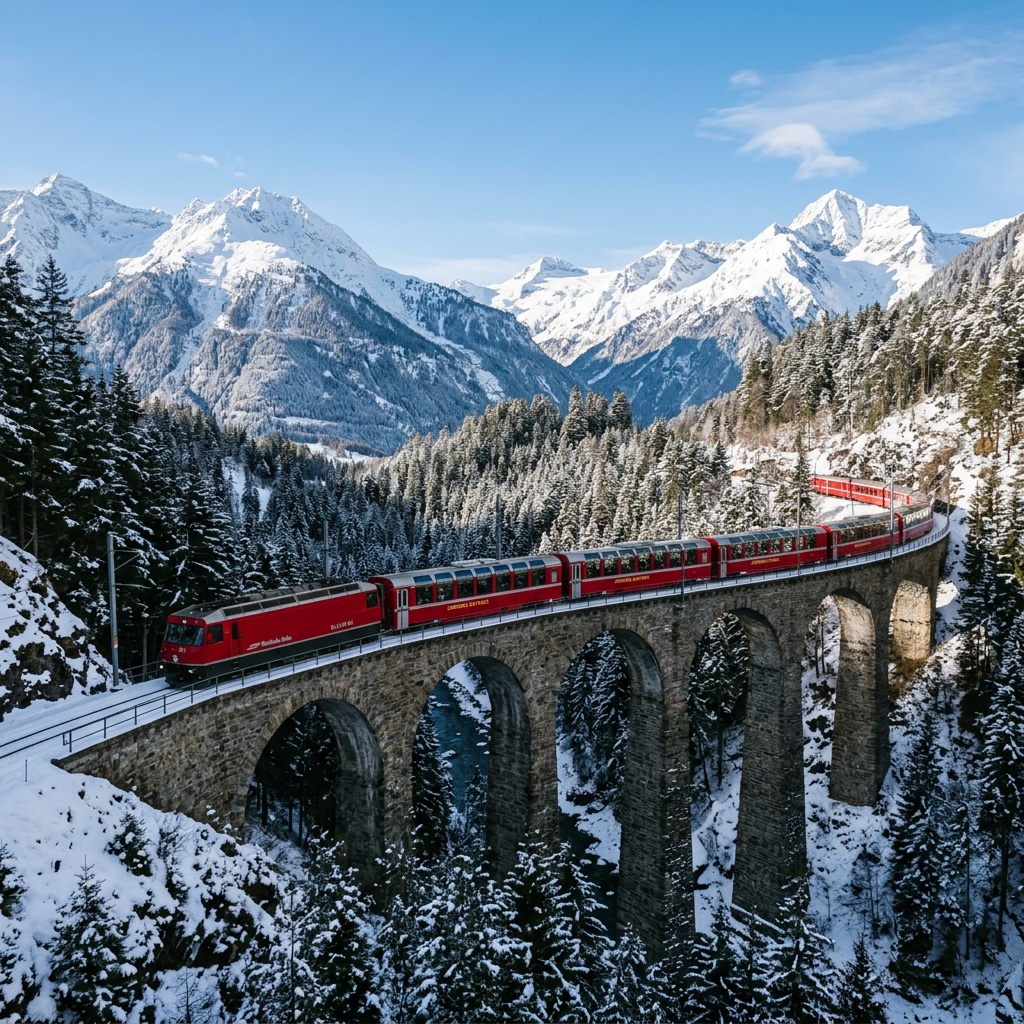 The iconic red Swiss Bernina Express train crossing the high stone Landwasser Viaduct in the snow-capped Swiss Alps