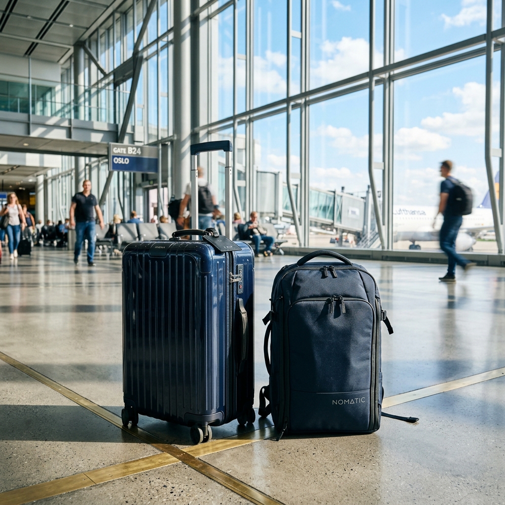 A carry-on suitcase standing in an airport terminal with sunlight streaming through large windows
