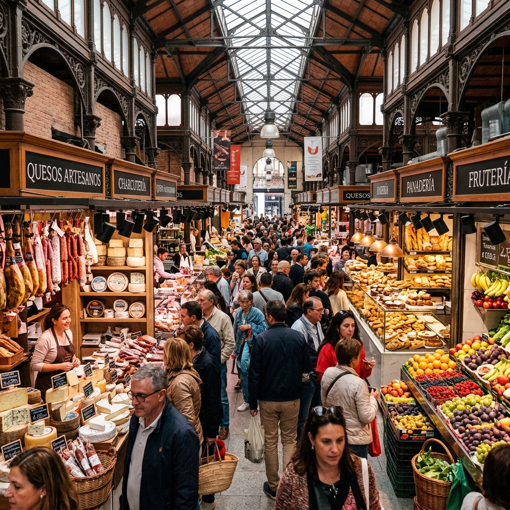 A bustling European food market with colourful displays of cheese, cured meats, and fresh produce