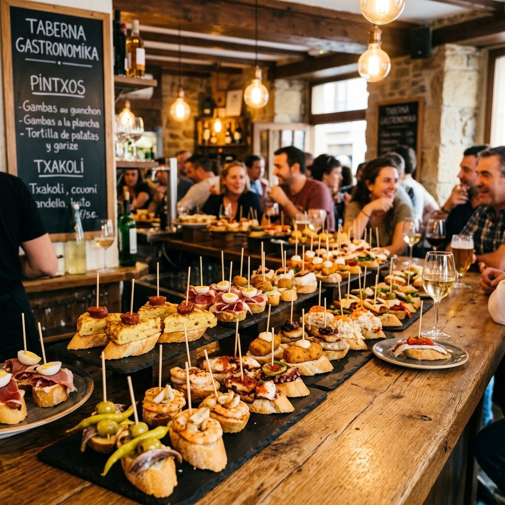 A spread of pintxos — Basque small bites on bread — laid out on a bar counter in San Sebastián