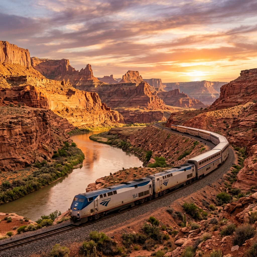An Amtrak train winding through dramatic red rock canyon scenery in the American Southwest