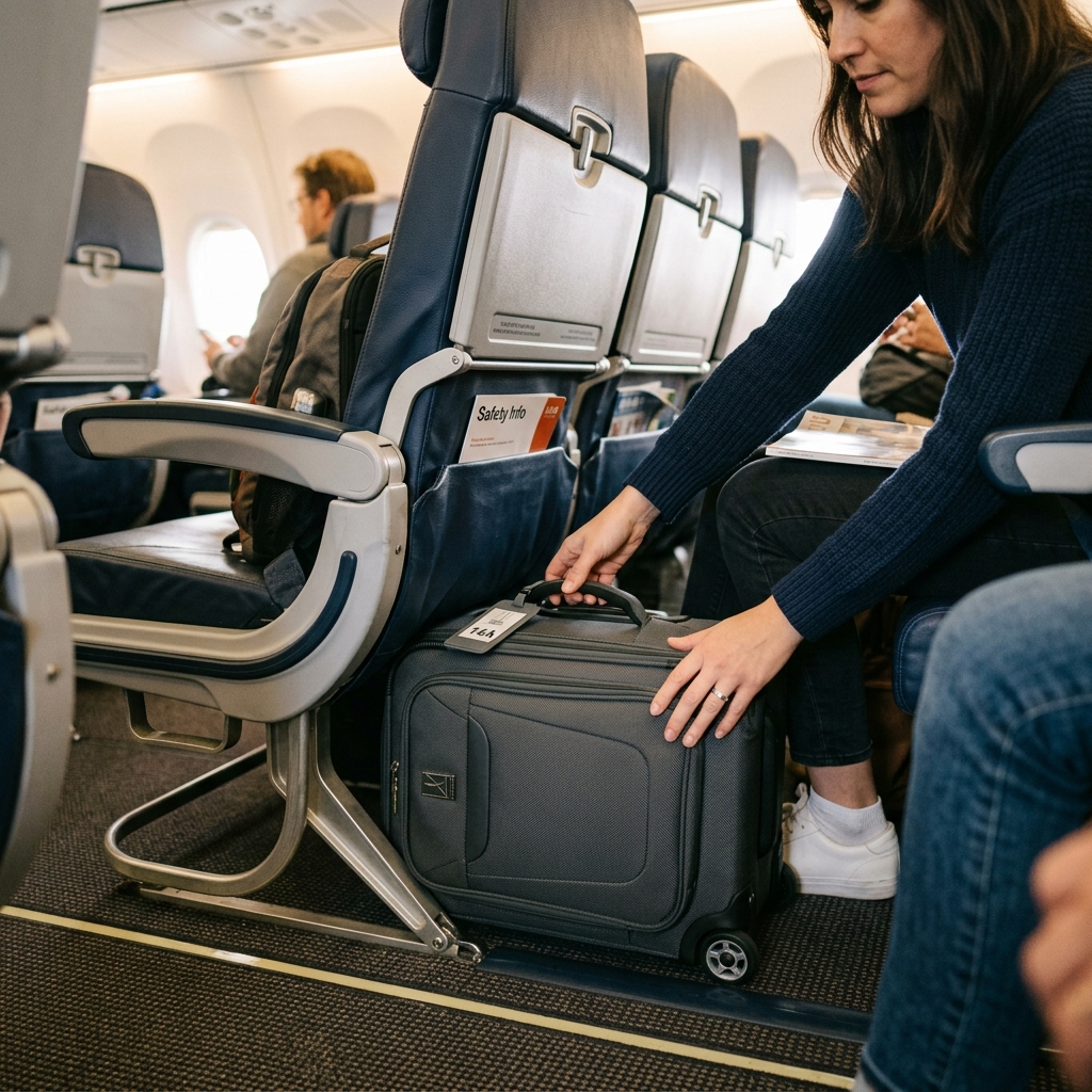 A compact rolling underseat carry-on suitcase being neatly slid under an airplane passenger seat