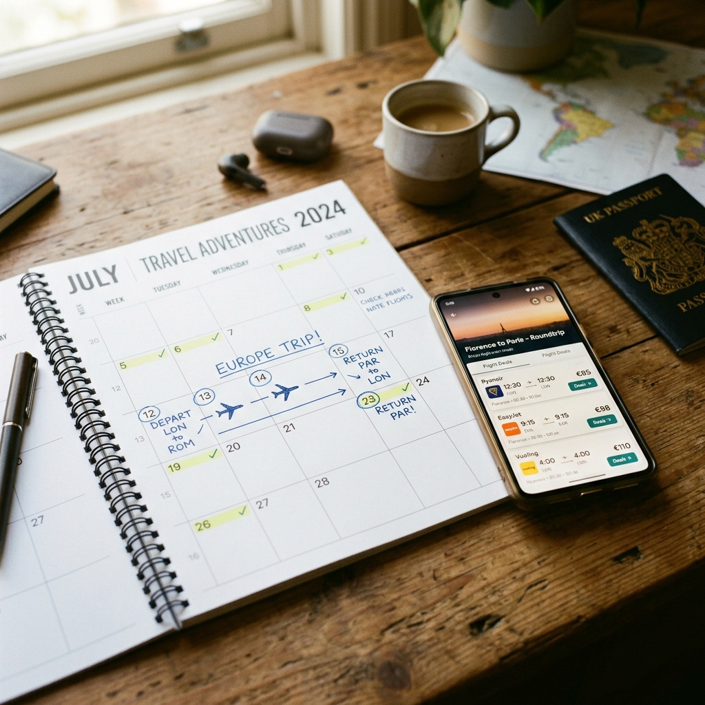 A travel planner calendar with trip dates marked alongside a smartphone showing flight deals on a wooden desk