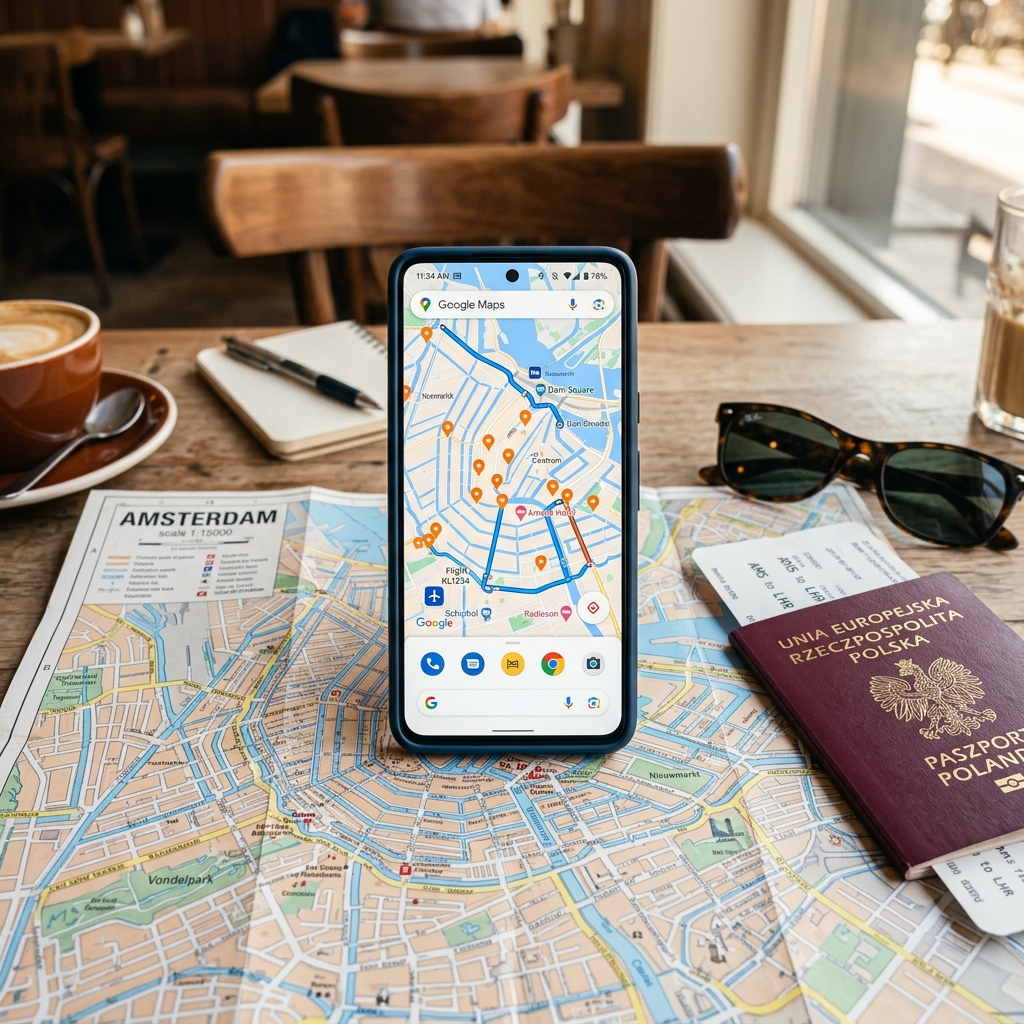 A smartphone displaying a travel map navigation app, sitting on top of a physical city map next to a passport