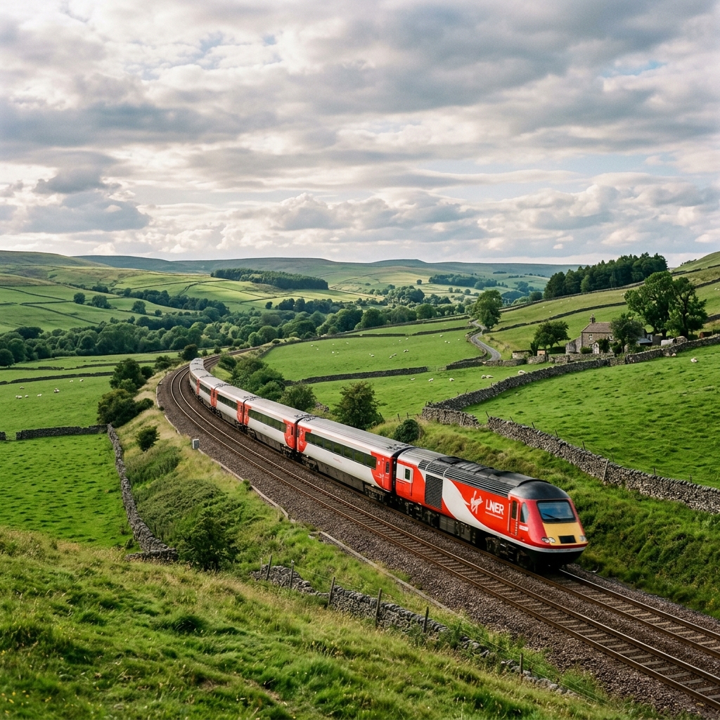 An LNER high-speed passenger train winding through the rolling green hills and dry stone walls of the British countryside