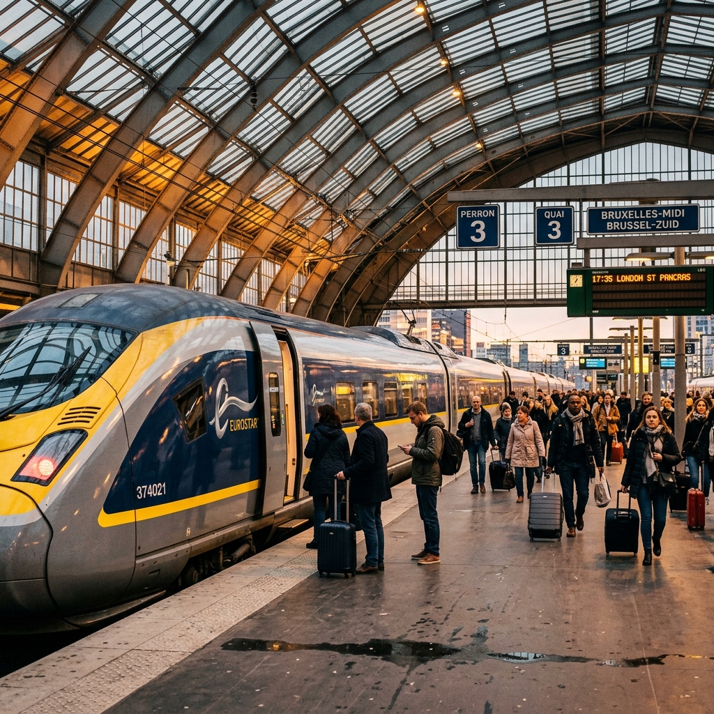 A sleek modern Eurostar high-speed train at the Brussels-South station platform under a glass roof