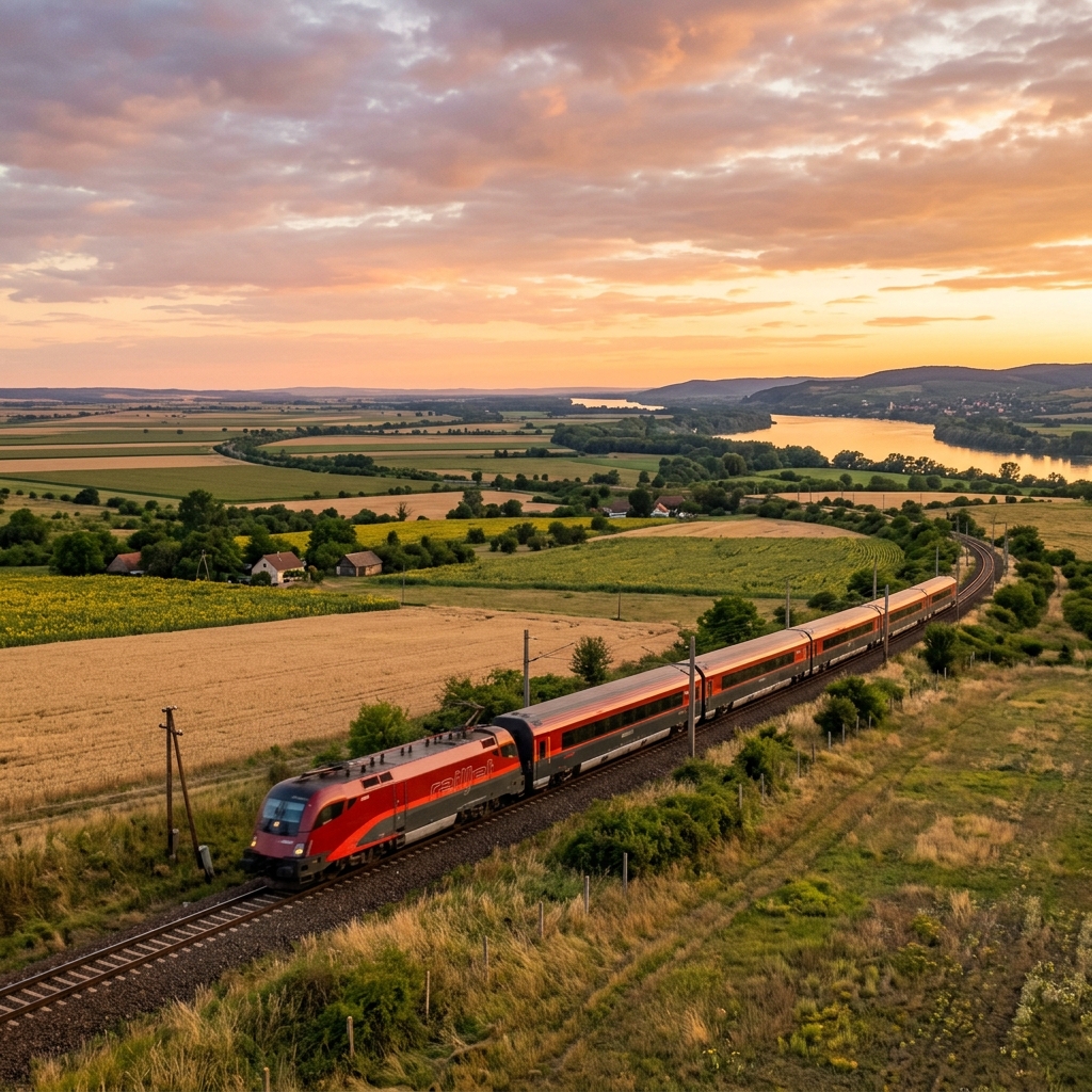 A passenger train traveling across the scenic Pannonian Plain at golden hour, with the Danube river visible in the distance