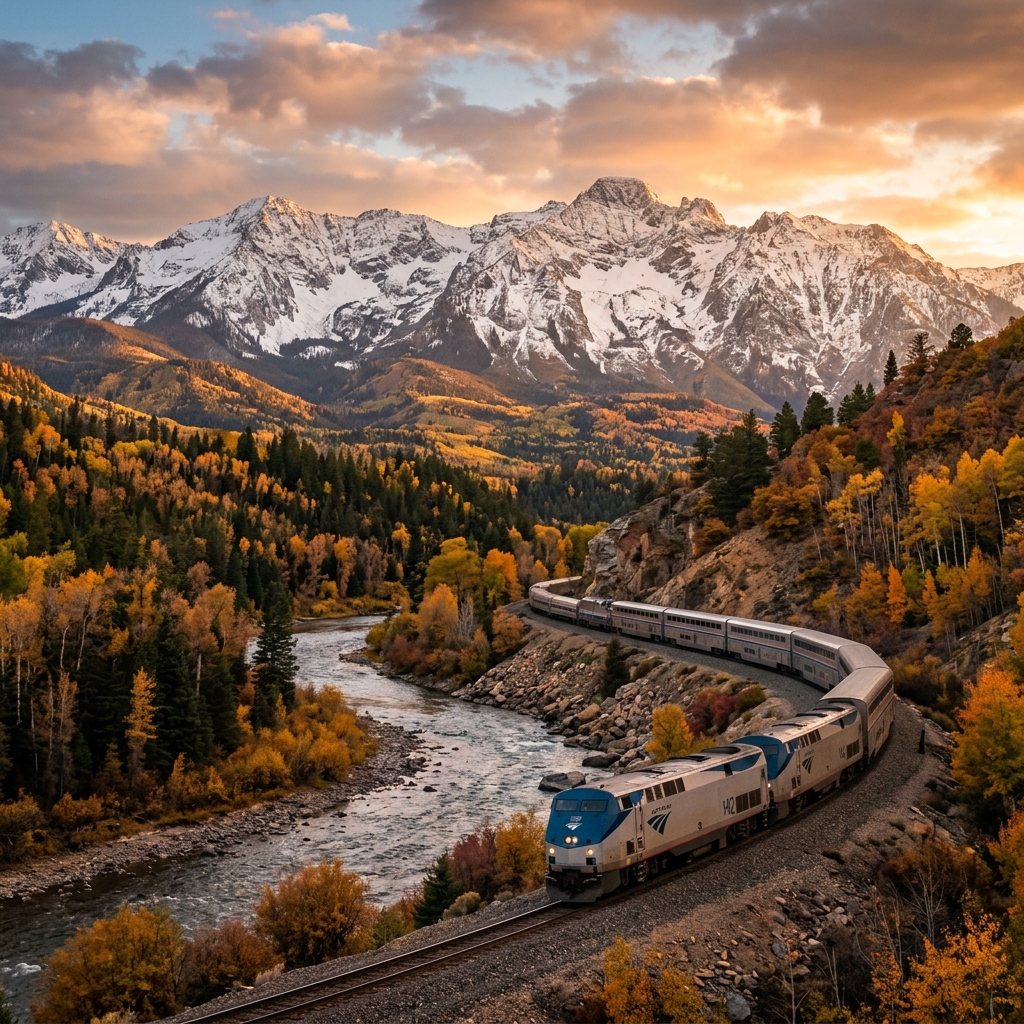 Amtrak California Zephyr passenger train winding through autumn foliage and dramatic Rocky Mountains in Colorado at sunset