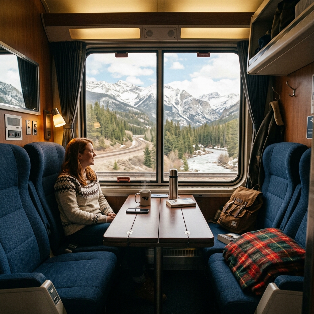 Interior of a cozy Amtrak Superliner roomette cabin with two seats, a table, and a large window looking out at snow-capped mountains and evergreen forests