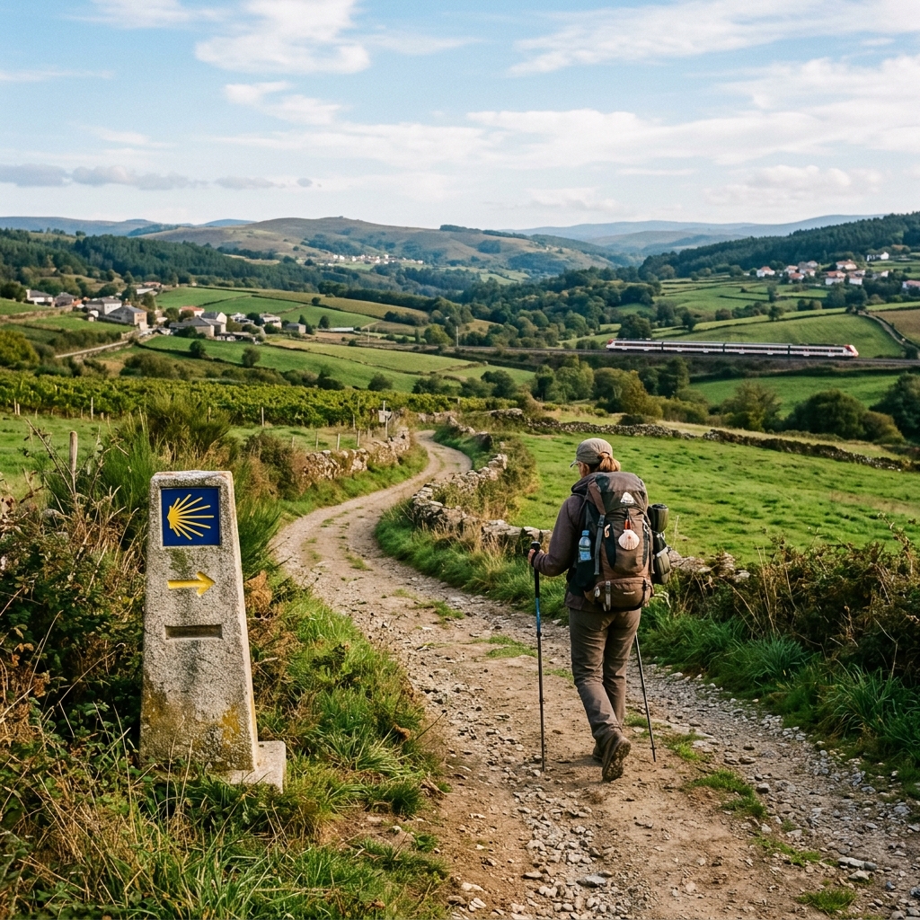 A pilgrim with a backpack walking the Camino de Santiago trail through rolling Spanish countryside, stone waymarker with shell symbol, train in the far distance