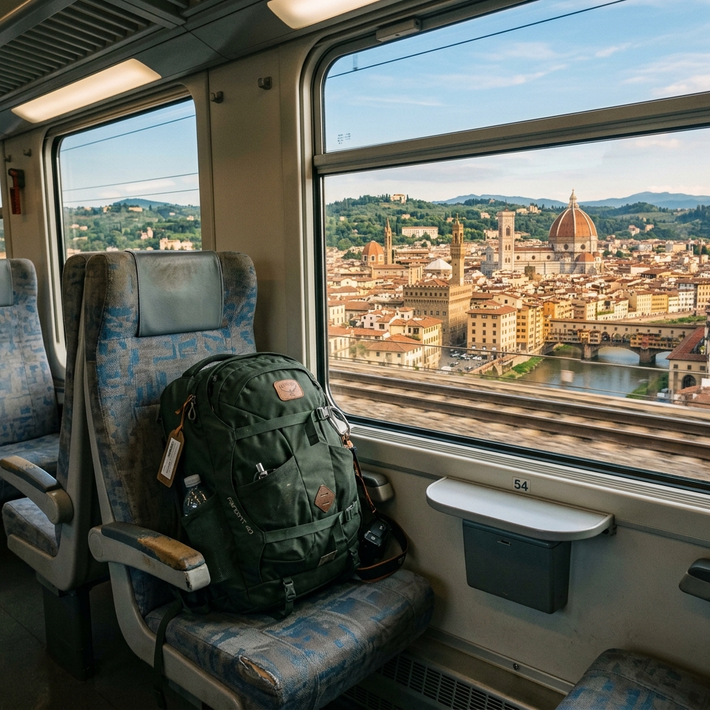 A single compact travel backpack sitting on a train seat with a European city visible through the window