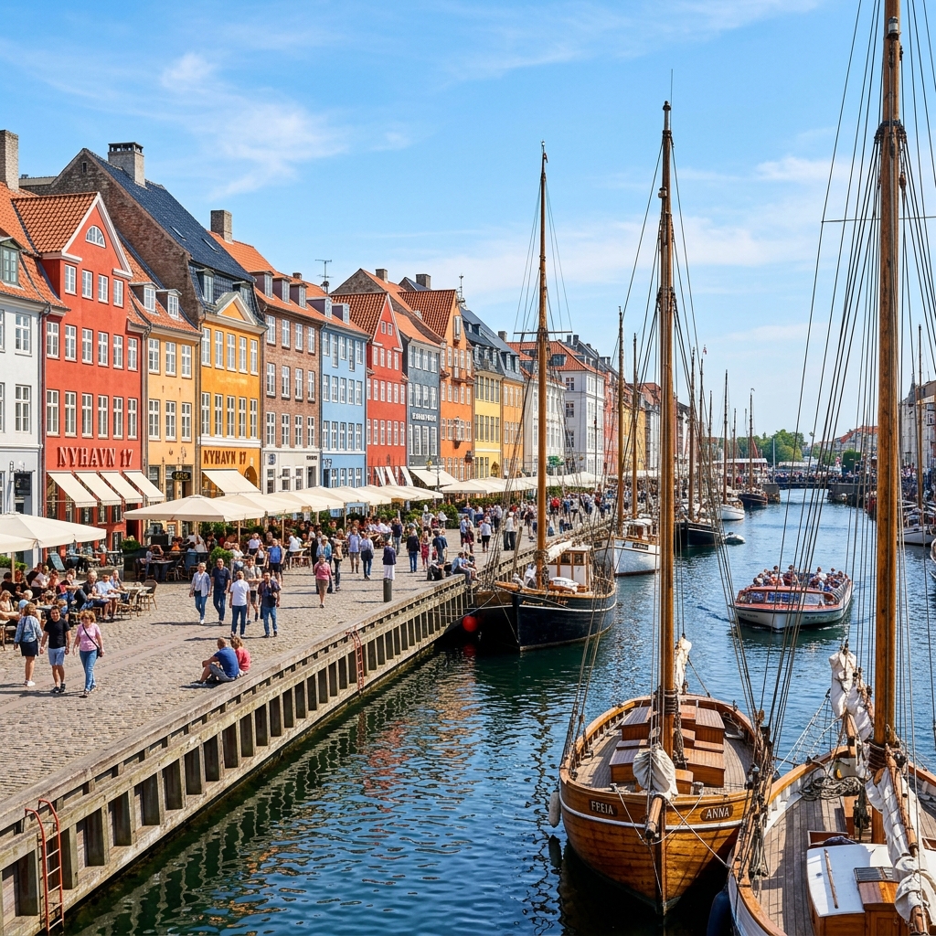 Copenhagen's colourful Nyhavn canal with historic wooden sailing boats and painted townhouse facades on a sunny day