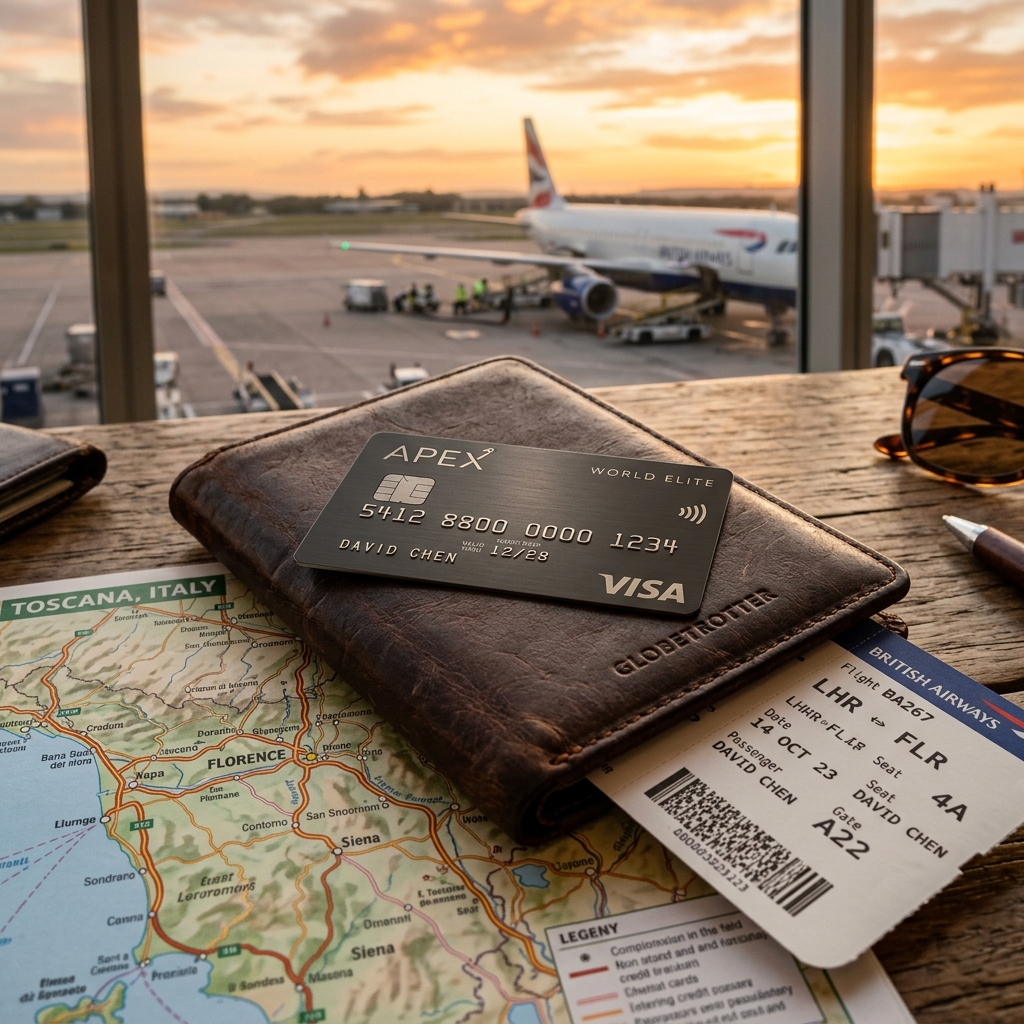 A sleek black credit card sitting on a leather passport holder next to a flight boarding pass and a map with an airport runway visible in the background