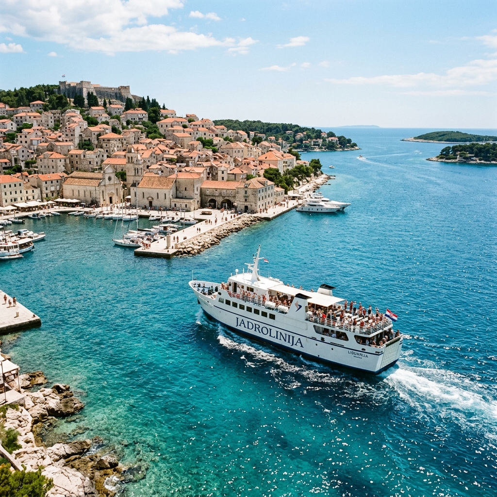 A white Jadrolinija passenger ferry departing a Dalmatian harbour with terracotta rooftops and the blue Adriatic sea stretching behind