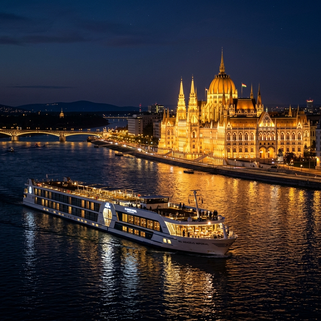 A luxury river cruise ship sailing on the Danube River past the grand illuminated Hungarian Parliament Building in Budapest at night