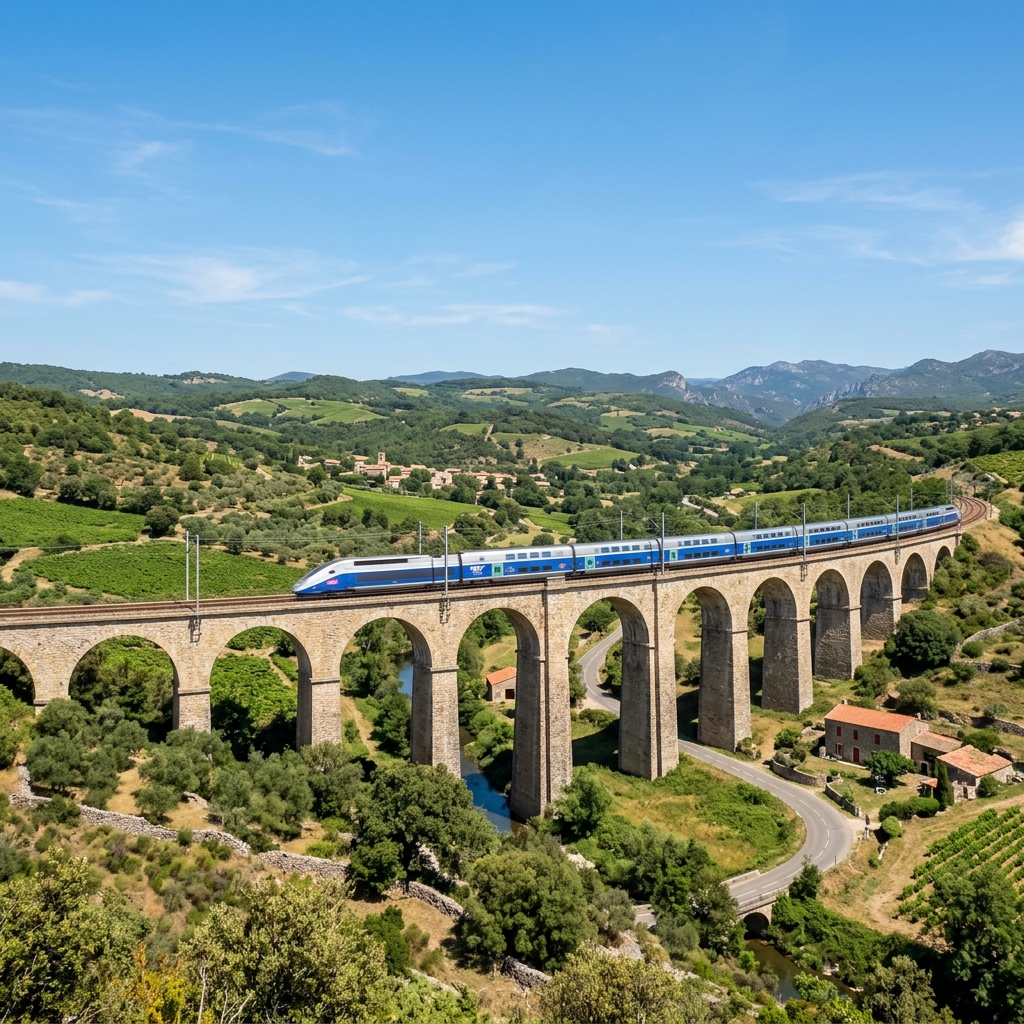 A high-speed train crossing a viaduct in southern France with green hills in the background