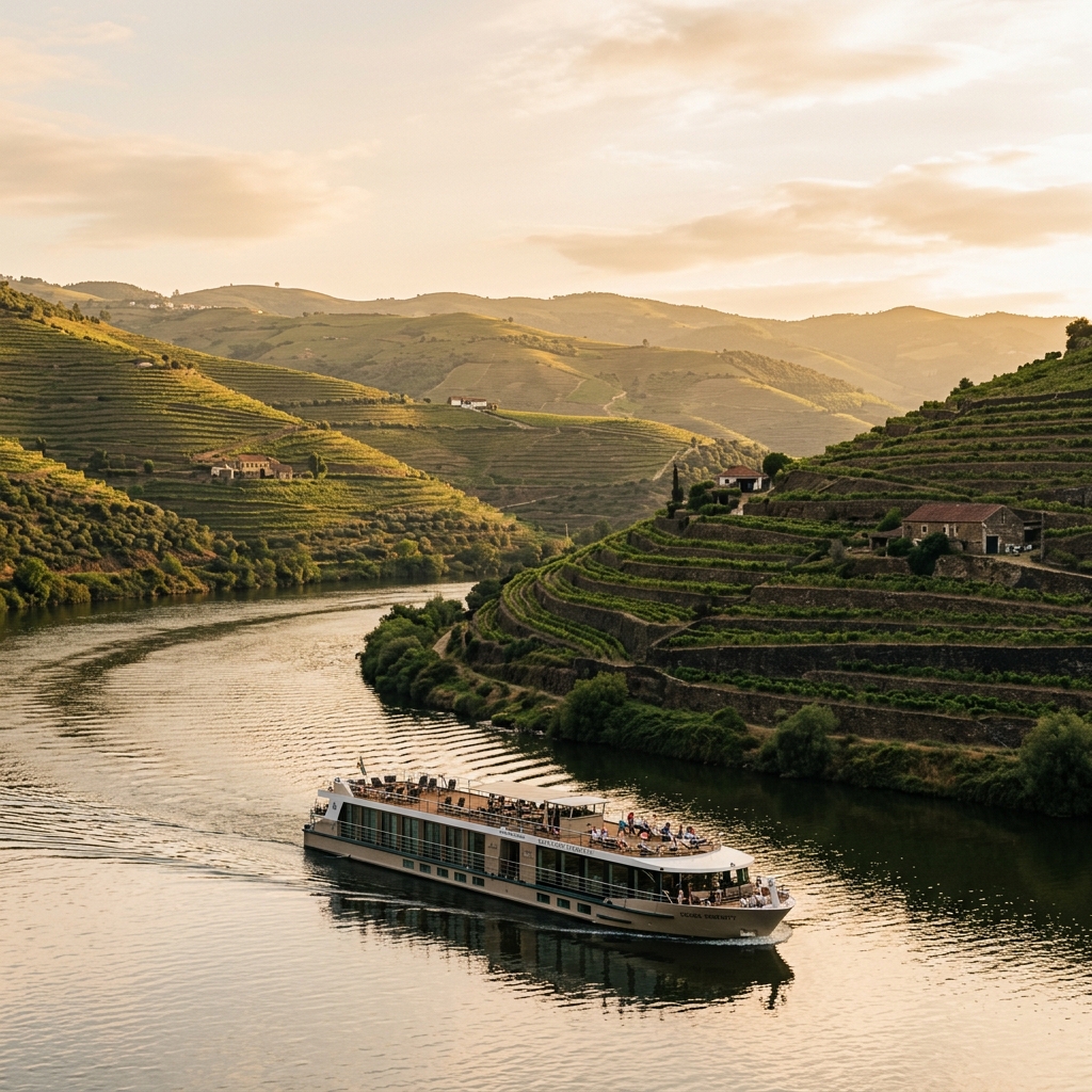 A river cruise boat gliding along the terraced hillsides of the Douro Valley in Portugal
