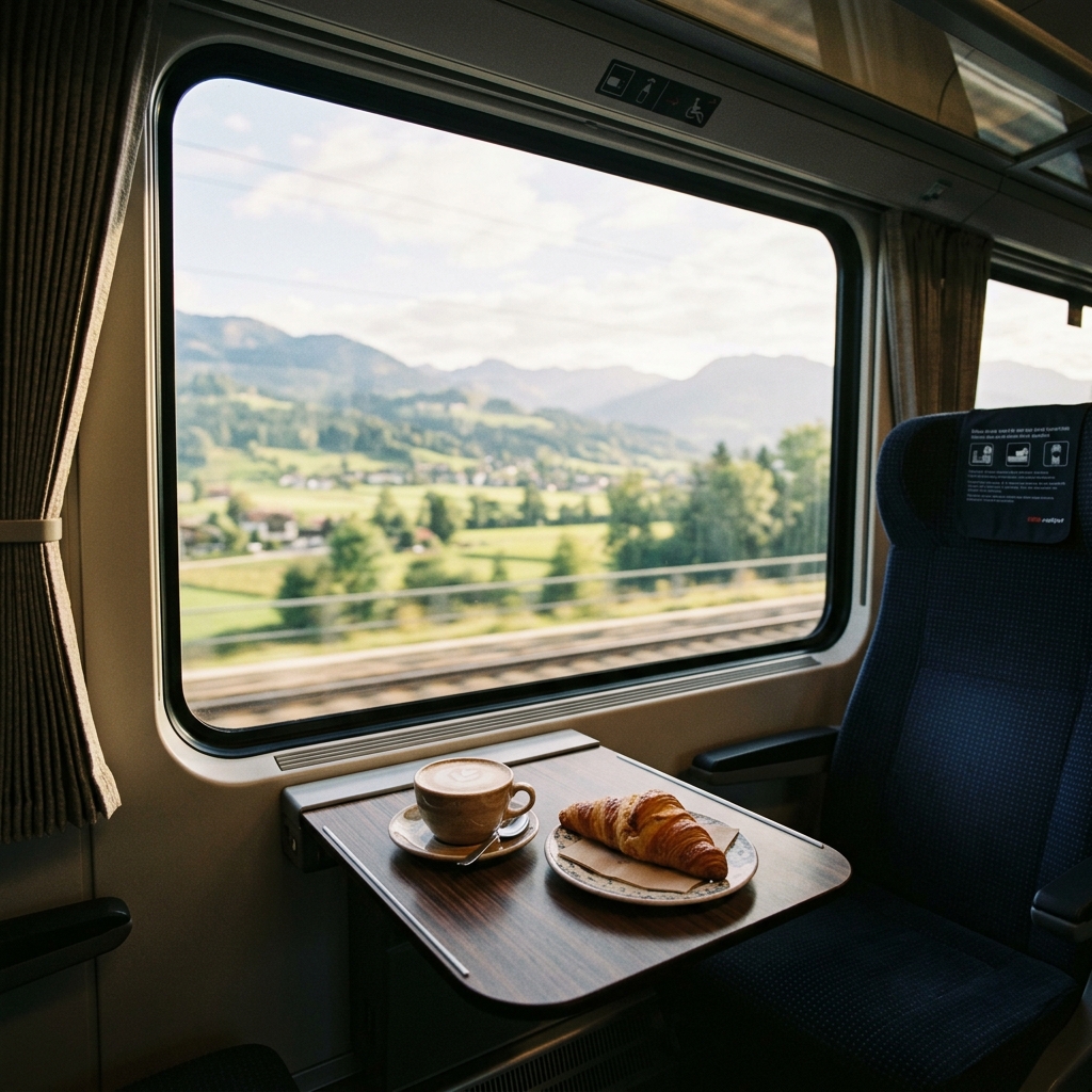 A window seat on a European passenger train with a coffee and a croissant on the fold-down tray table, scenic countryside passing outside the window