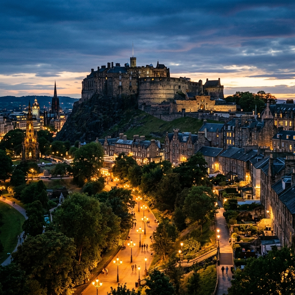 Edinburgh Castle rising above the Old Town skyline at dusk, seen from Princes Street Gardens