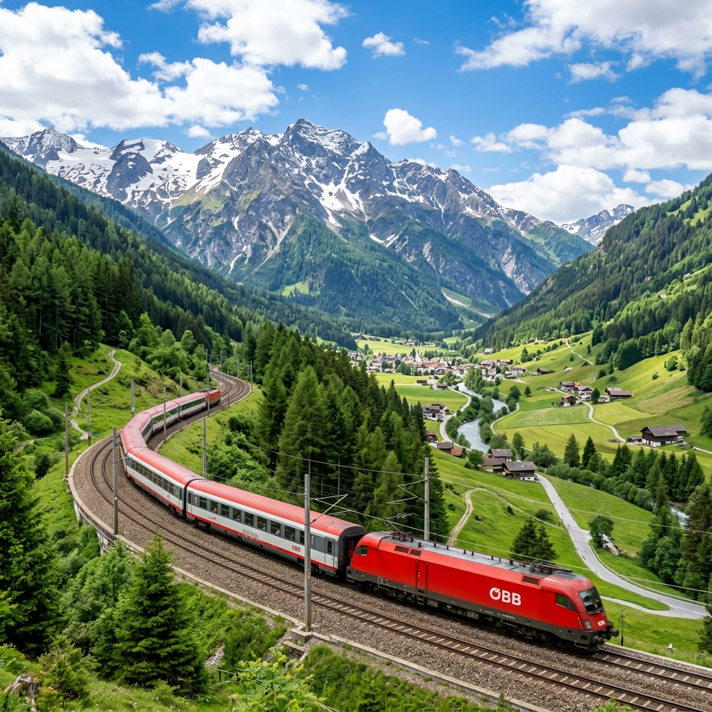 A red high-speed train curves through lush green European countryside under a blue sky with dramatic clouds