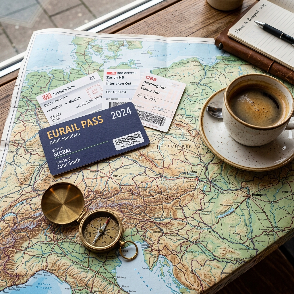 A Eurail pass and train tickets laid out on a map of Europe