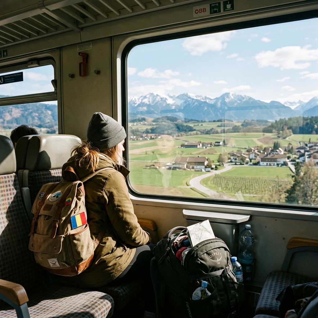 A budget traveler with a backpack looking out of a regional train window at scenic European landscapes and distant mountains