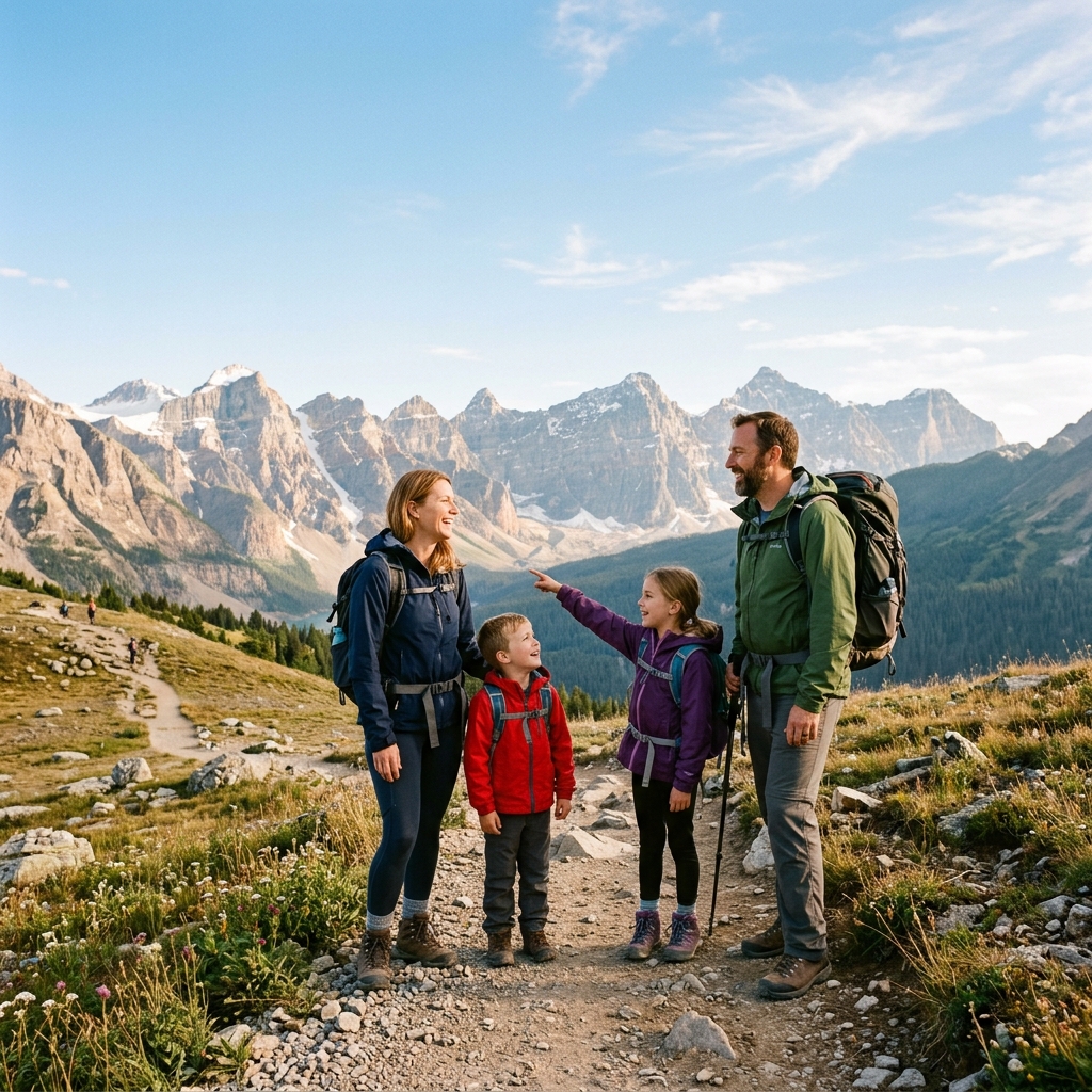 A happy family with two young children hiking together on a rocky mountain trail with scenic snow-capped peaks in the background