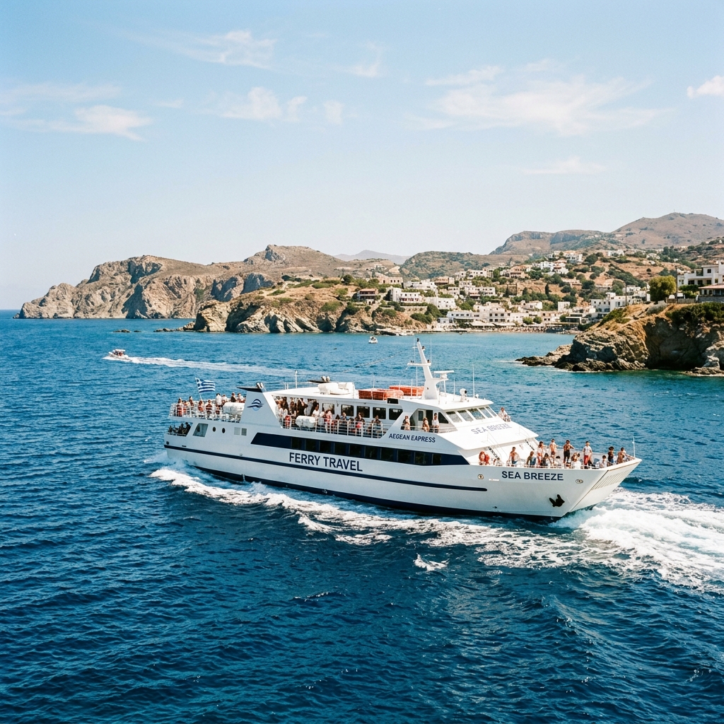 A white ferry crossing blue Mediterranean waters with a rocky coastline in the background