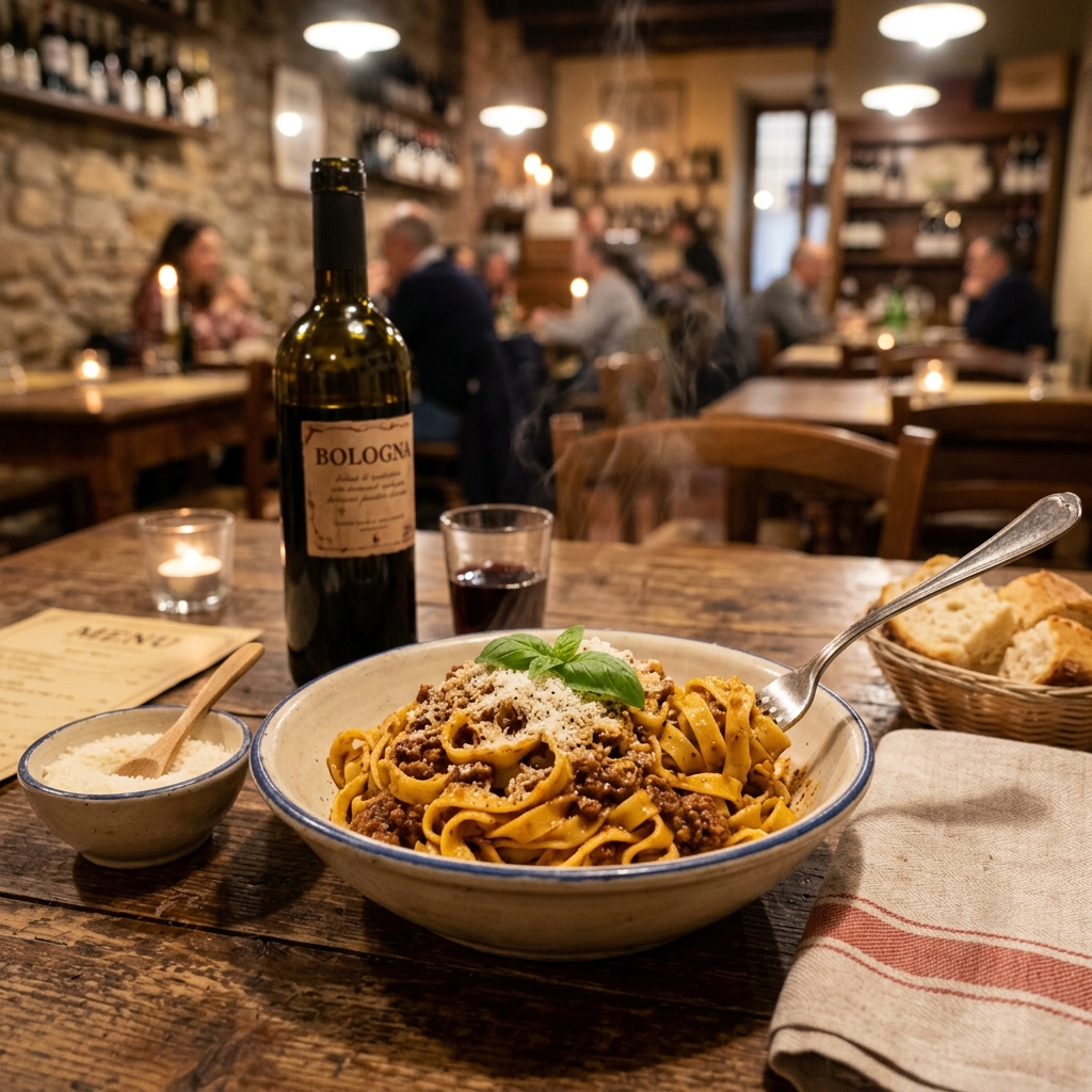 Fresh tagliatelle and ragu alla Bolognese at a traditional Bologna trattoria with terracotta walls