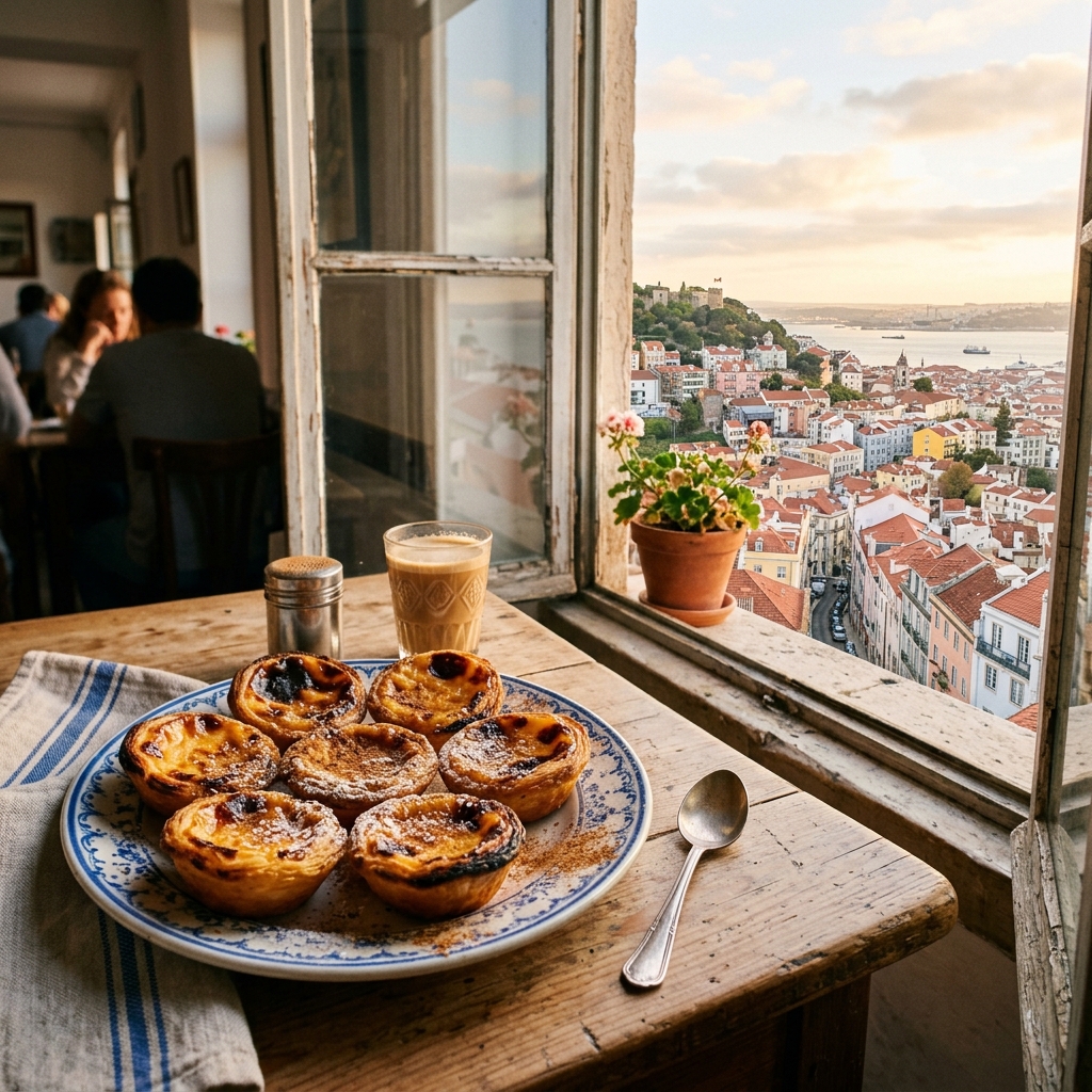 Golden caramelized pastéis de nata on a plate at a Lisbon pastelaria with city rooftops and Tagus river visible through a window
