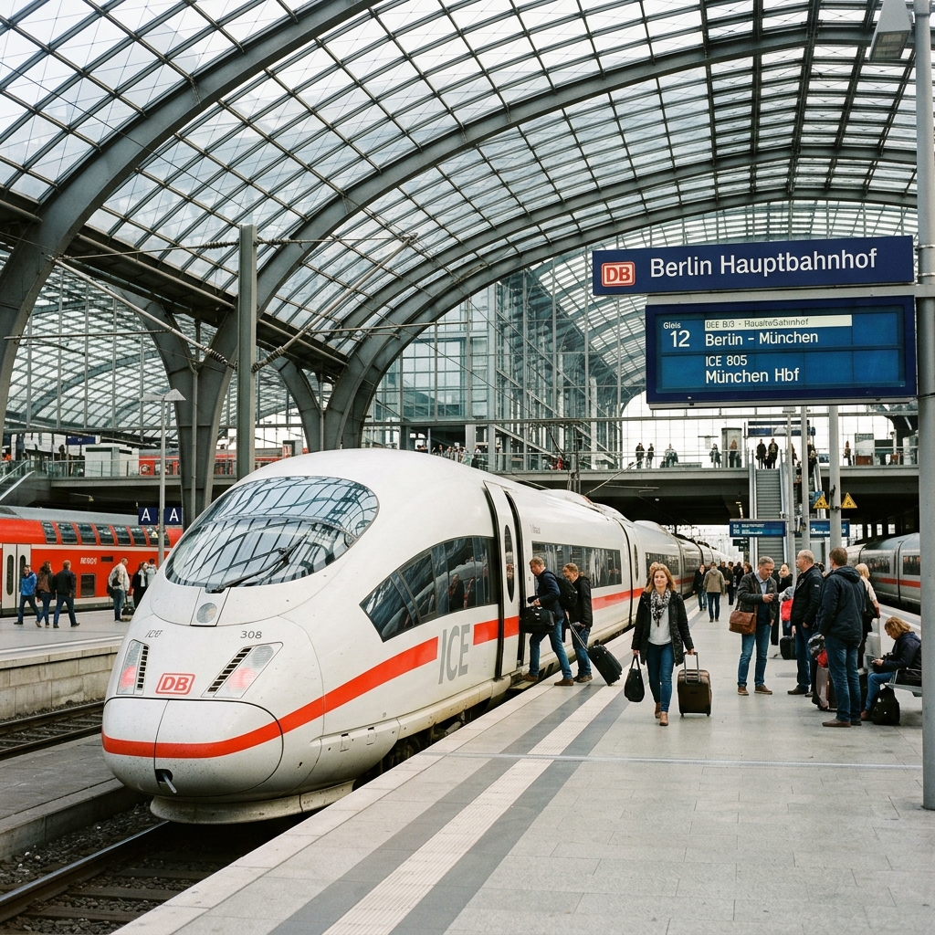 A Deutsche Bahn ICE high-speed train standing at a platform in Berlin Hauptbahnhof station beneath a vaulted glass roof