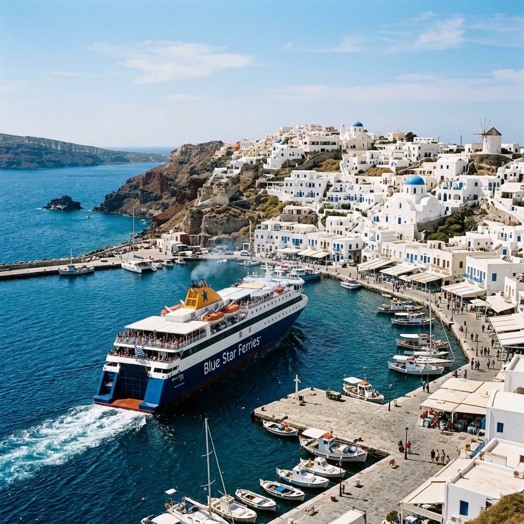 A passenger ferry sailing through the Aegean with Cycladic white-and-blue houses on the clifftop behind