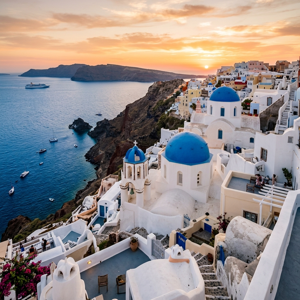 White-washed Cycladic buildings with blue-domed churches overlooking the caldera cliffs of Santorini at sunset with the Aegean Sea stretching out