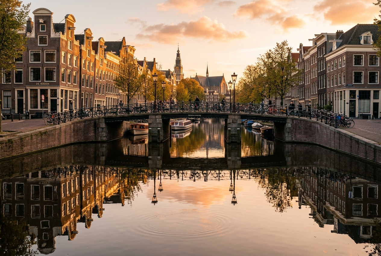 Amsterdam canal with narrow brick houses reflected in still water on a quiet morning
