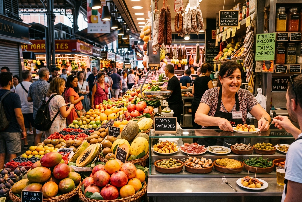 Colorful market stalls at La Boqueria in Barcelona with fresh produce and traders in morning light