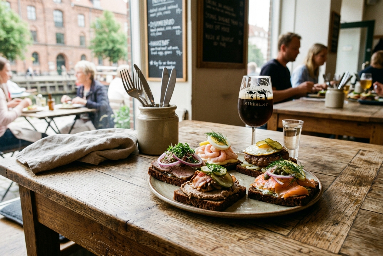 A beautifully plated traditional Danish smørrebrød open-faced sandwich topped with pickled herring, egg, and fresh herbs
