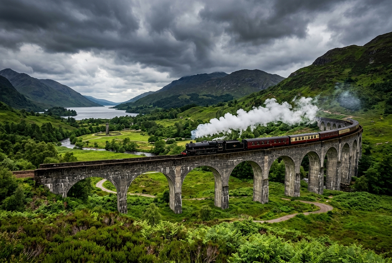 A train traveling through the misty mountains and fields of the Scottish Highlands