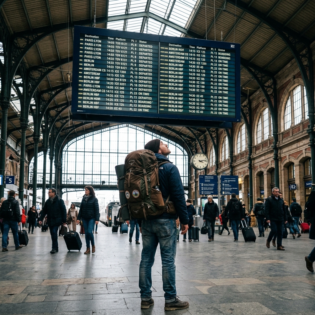 A traveller looking at departure boards at a large European railway station