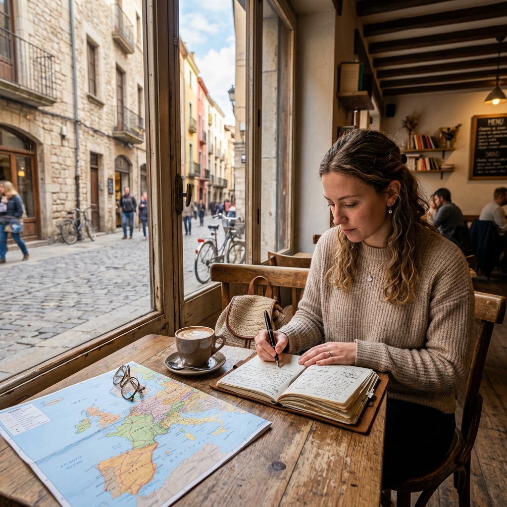 A traveller writing in a journal at a café table with a coffee and city street visible through the window