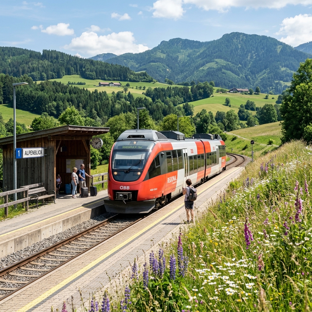 A red and white European regional train waiting at a rural station platform surrounded by green hills