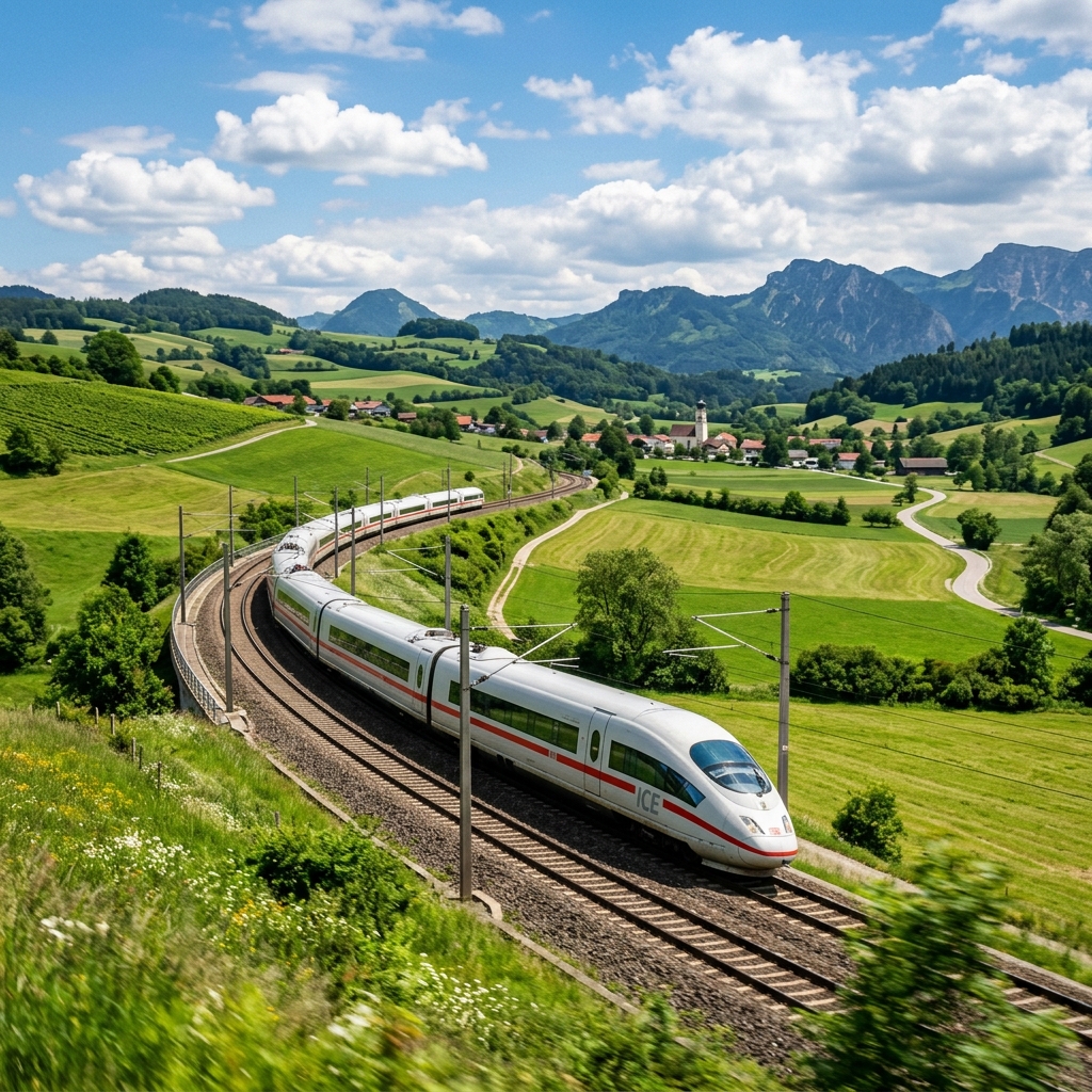 A modern high-speed train in Europe curving through open green hills under a bright blue sky