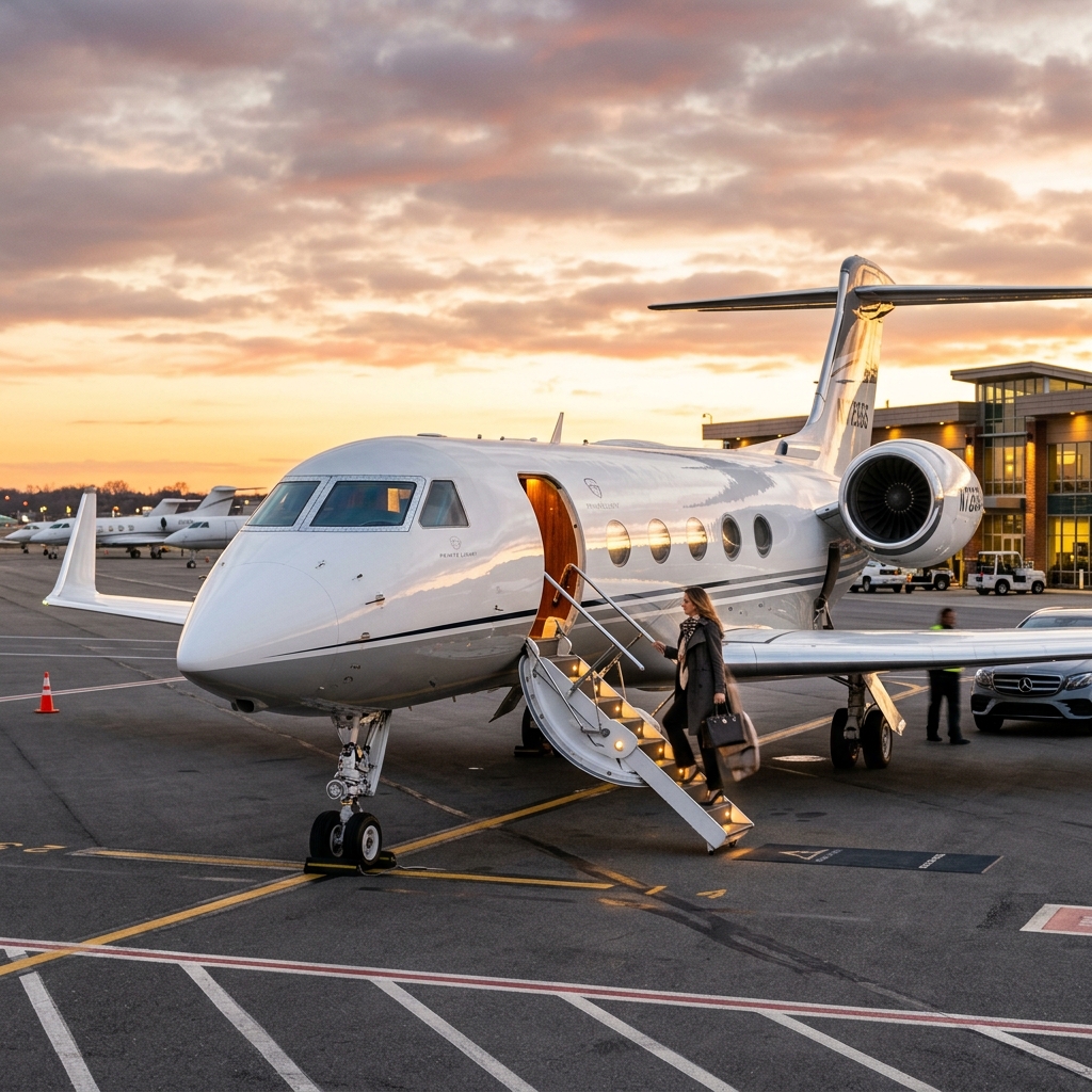 A luxury private jet on a runway at sunset with a passenger boarding the stairs