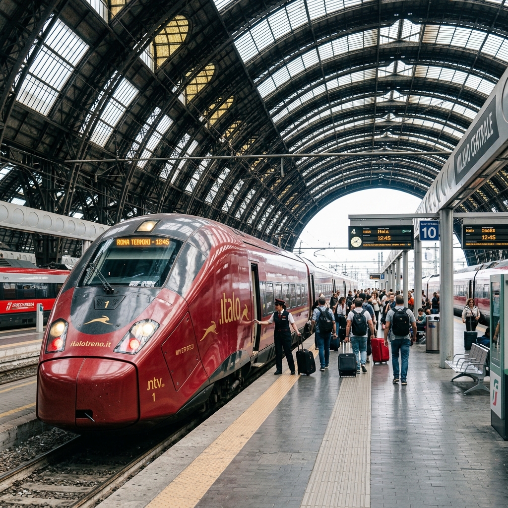 A sleek burgundy red Italo high-speed train standing at a platform at Milan Central Station