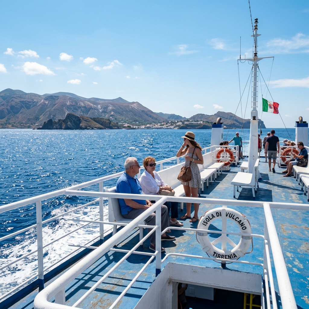 A ferry crossing between Italian ports with turquoise Mediterranean water and rocky coastline visible